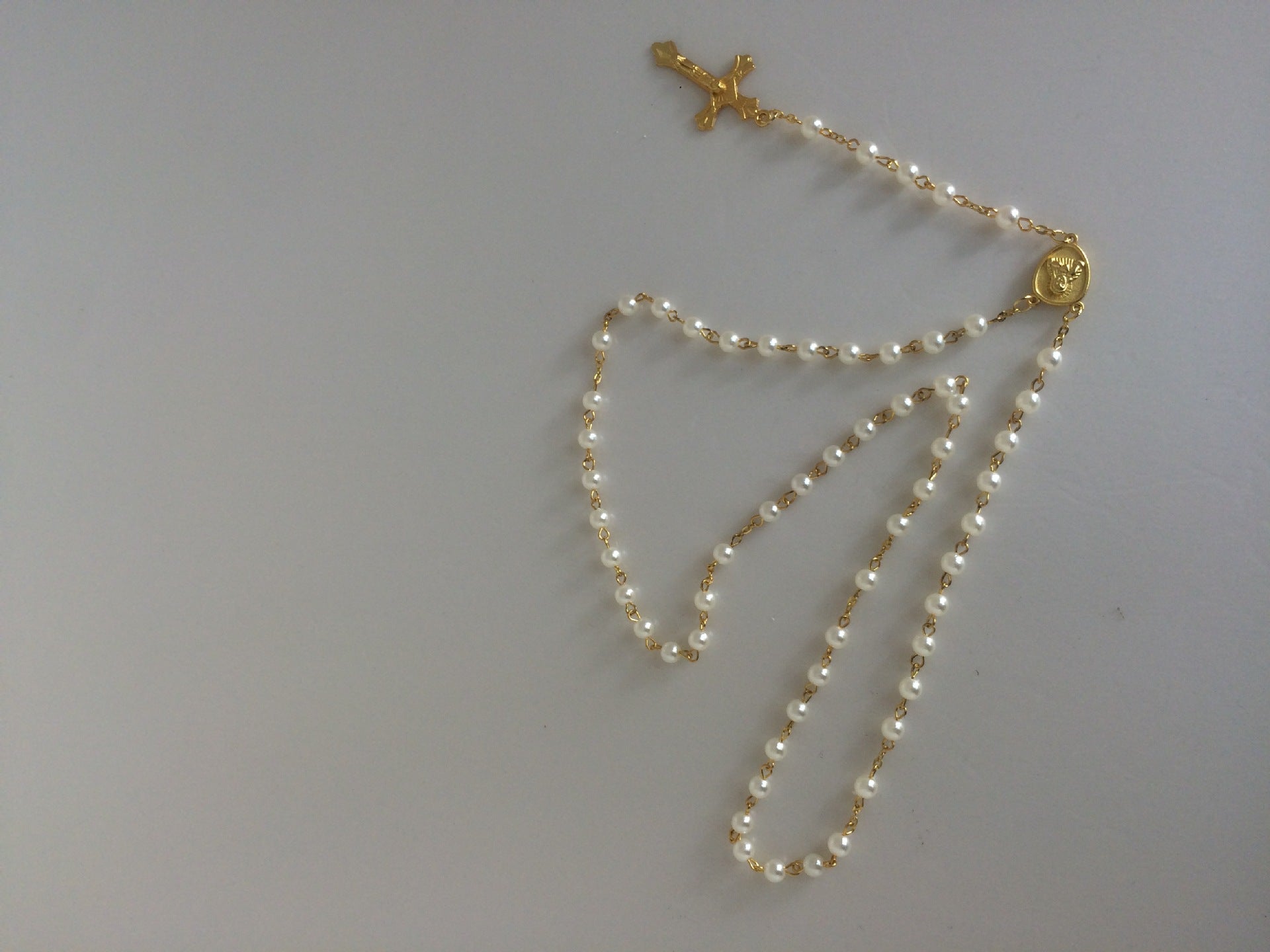 Catholic White Imitation Pearl Cross Necklace