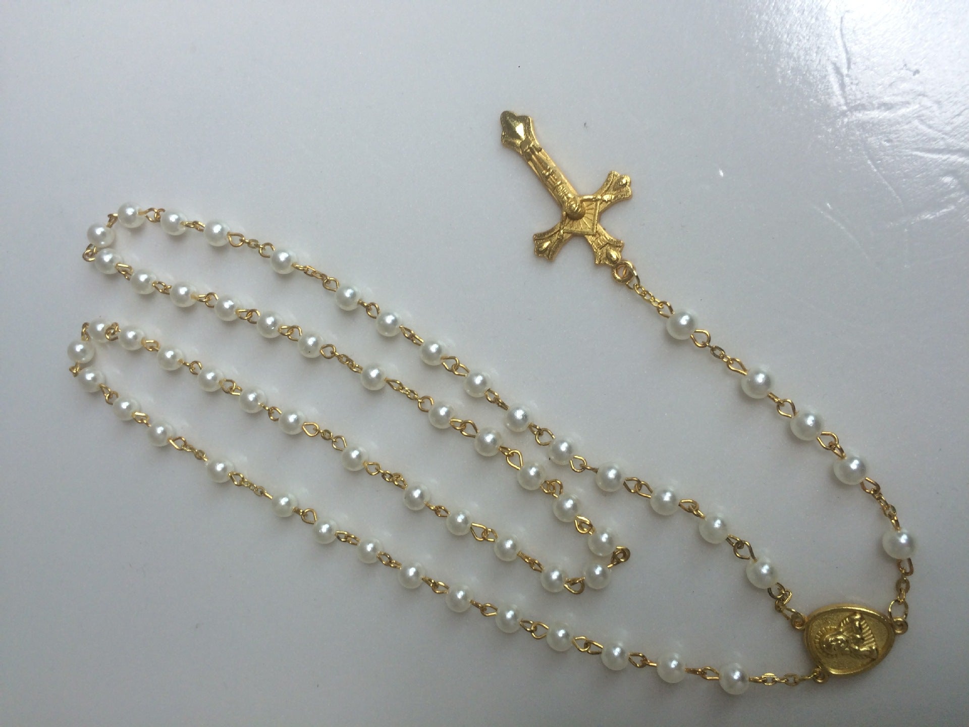 Catholic White Imitation Pearl Cross Necklace