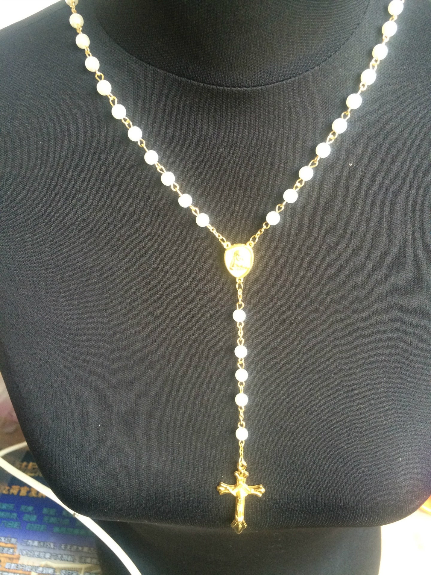 Catholic White Imitation Pearl Cross Necklace