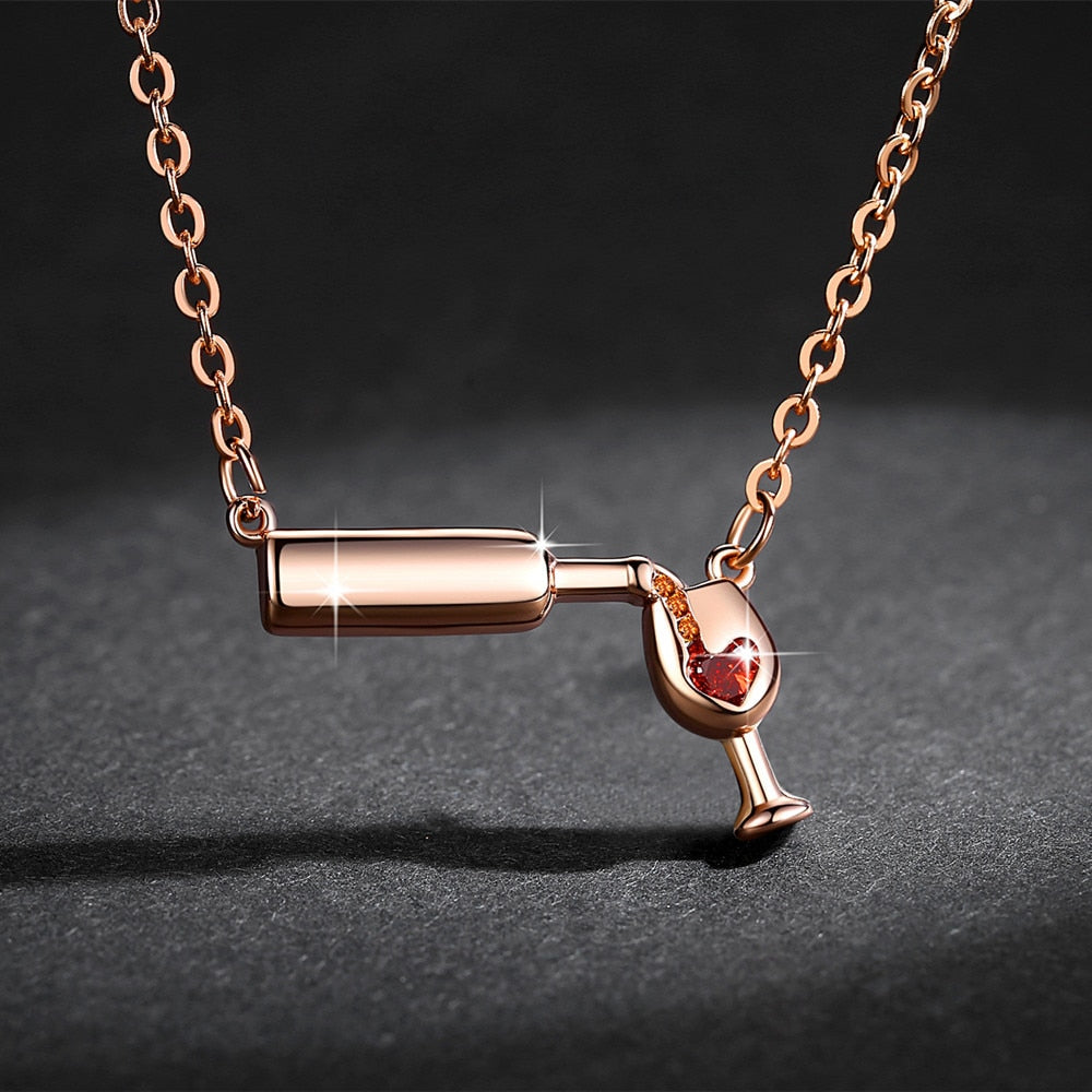 Silver Rose Gold Wine Glass Pendant Necklace for Women